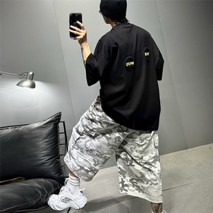 体恤潮牌大版 vibe设计小领口破洞短袖 t恤男oversize落肩廓形半袖