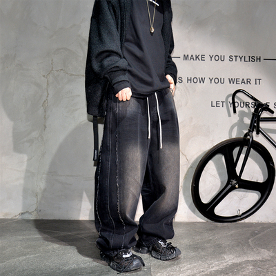 黑色加绒加厚阔腿弯刀牛仔长裤子