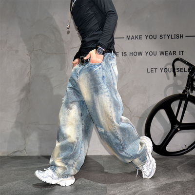 vibe废土风脏洗阔腿弯刀牛仔长裤