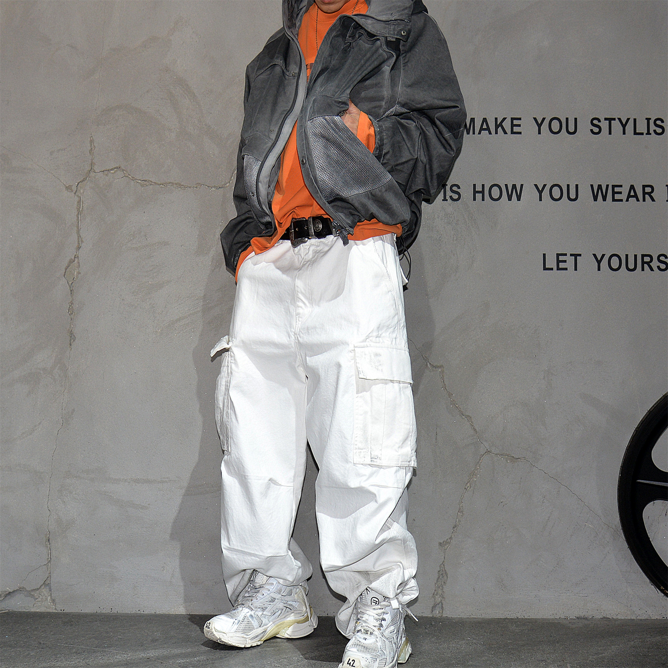 日系工装风白色大口袋宽松直筒裤男潮牌痞帅阔腿长裤子大码休闲裤,男装,休闲裤,淘宝优惠券,粉丝福利购,淘宝优惠卷