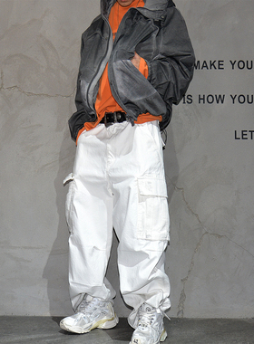 日系工装风白色大口袋宽松直筒裤男潮牌痞帅阔腿长裤子大码休闲裤