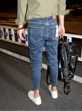 深蓝色小脚微跨九分牛仔裤韩版简约弹力铅笔裤新款百搭锥形裤男潮