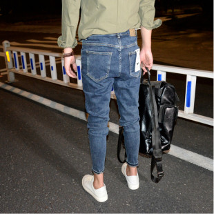 百搭锥形裤 深蓝色小脚微跨九分牛仔裤 新款 简约弹力铅笔裤 男潮 韩版