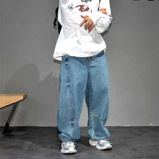 小众潮牌巴家阔腿弯刀直筒牛仔裤男做旧水洗堆叠感长裤痞帅拖地裤
