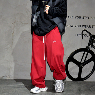 红色健身运动卫裤男日系构解宽松直筒针织休闲裤加绒加厚保暖长裤