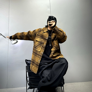 高端翻领短款格子羊毛大衣男oversize廓形潮牌毛呢大衣慵懒风外套