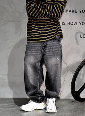 美式复古黑灰色水洗泼漆宽松直筒牛仔裤男潮牌痞帅百搭休闲长裤子