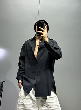 oversize廓形落肩长袖黑色千鸟格子衬衫男潮牌痞帅圆下摆休闲衬衣