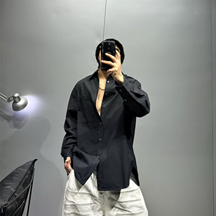 oversize廓形落肩长袖黑色千鸟格子衬衫男潮牌痞帅圆下摆休闲衬衣
