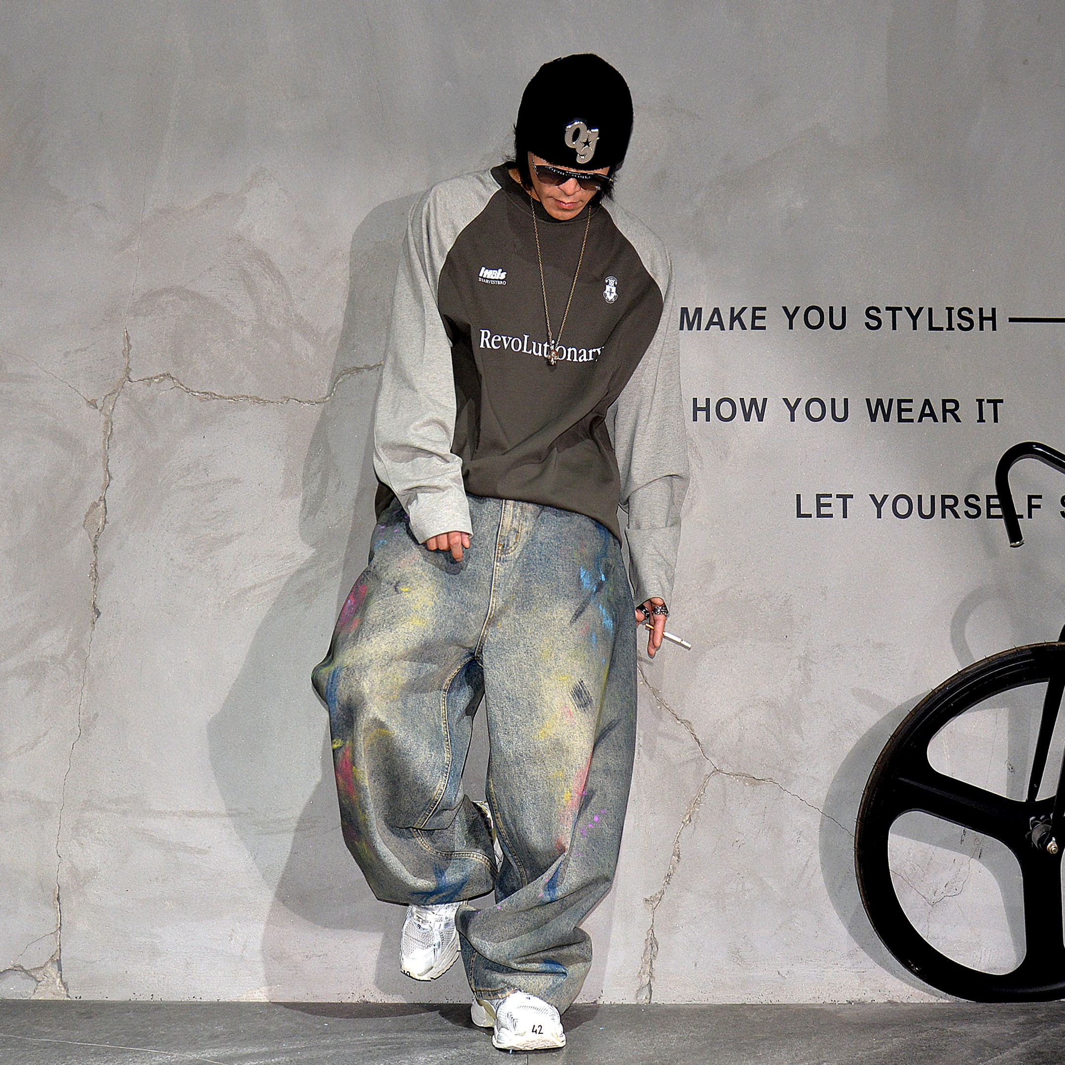 cleanfit街头痞帅涂鸦阔腿弯刀牛仔裤男潮牌废土彩绘宽松拖地长裤