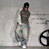cleanfit街头痞帅涂鸦阔腿弯刀牛仔裤 男潮牌废土彩绘宽松拖地长裤