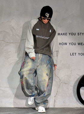 cleanfit街头痞帅涂鸦阔腿弯刀牛仔裤男潮牌废土彩绘宽松拖地长裤