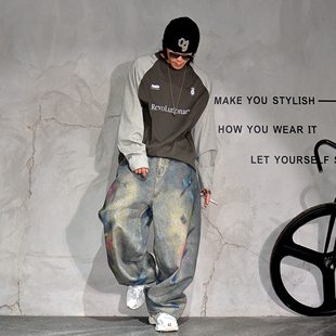 cleanfit街头痞帅涂鸦阔腿弯刀牛仔裤 男潮牌废土彩绘宽松拖地长裤