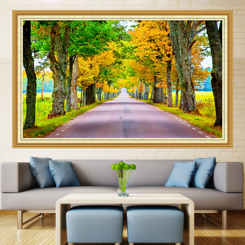 黄金大道壁画满地树林山水风景沙发背景墙贴自粘油画布客厅装饰画