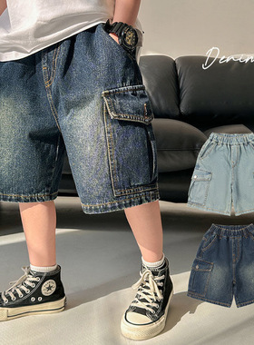 日系儿童潮牌双口袋软牛仔短裤夏男中大童裤子宽松休闲工装五分裤