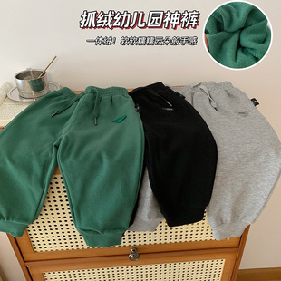 韩版儿童米呢三角章抓绒休闲卫裤男女童裤子秋冬薄绒束脚裤运动裤