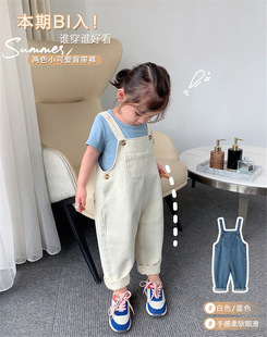 日系潮牌儿童牛仔背带裤春秋季男女宝宝休闲宽松工装裤子吊带长裤