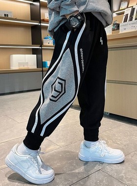 日系潮牌儿童菱形织带卫裤子男中大童休闲运动春秋季宽松束脚长裤