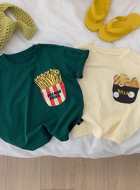 日系男童薯条面包炸街卡通短袖立体口袋T恤夏季儿童宝宝宽松上衣