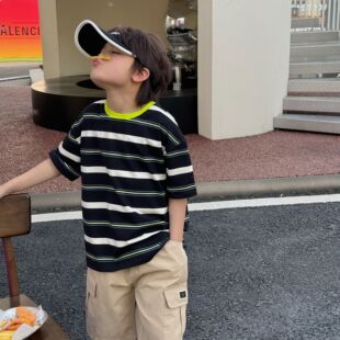 韩范新款男童荧光绿领条纹短袖T恤夏季儿童宝宝洋气时尚拼色上衣