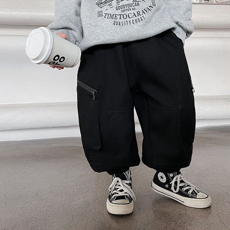 韩版潮儿童斜拉链口袋工装加绒裤