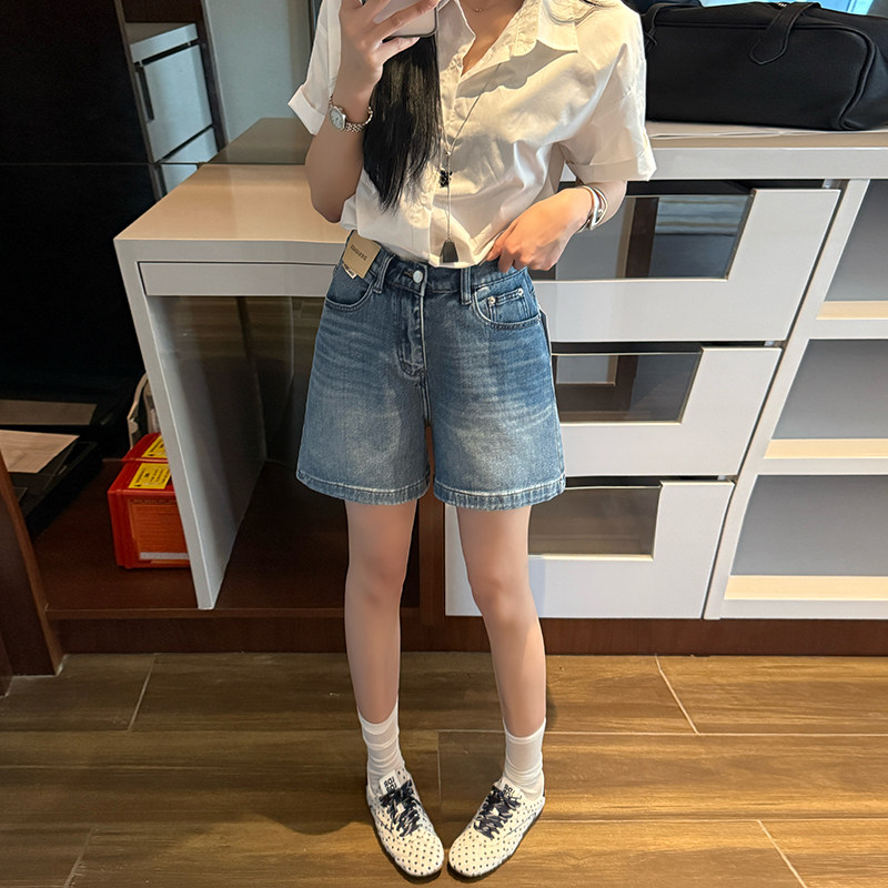 大码PMM女装辣妹牛仔裤女夏季薄款松紧腰弹力小个子百搭四分短裤