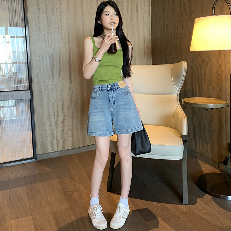大码PMM女装辣妹牛仔裤女夏季薄款松紧腰弹力小个子百搭四分短裤