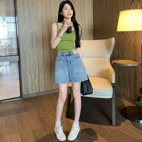大码PMM女装辣妹牛仔裤女夏季薄款松紧腰弹力小个子百搭四分短裤