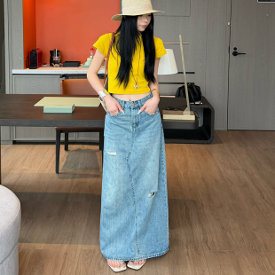 代陌嘉辣妹牛仔裙女2026年夏季新款高腰无弹破洞高级感开衩长裙子
