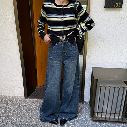 秋季新款高腰弹力阔腿牛仔裤女
