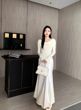 GEMQI 杏色缎面蕾丝半身裙女2025新款秋季设计感法式包臀鱼尾长裙