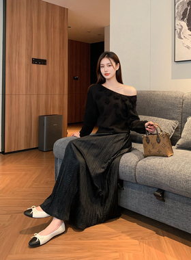 GEMQI 千金贵气晚宴裙丝绒褶皱半身裙高级感肌理设计派对气质长裙