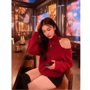 GEMQI 玫瑰礼记高领露肩毛衣女冬慵懒感圣诞红色宽松保暖针织上衣