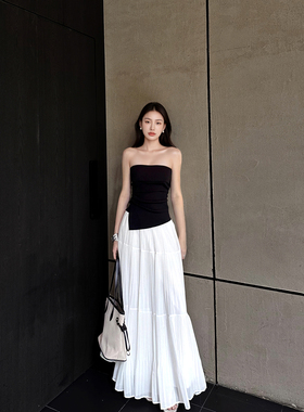 GEMQI 压褶大摆白色半身裙子女夏季2025新款巨好看的a字蛋糕长裙