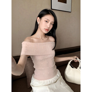 GEMQI一字露肩锁骨粉色针织短袖女夏薄款t恤提花修身辣妹冰丝上衣