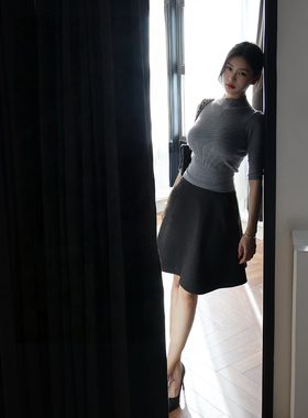GEMQI 法式温婉半身裙复古温柔A字裙 半高领修身针织衫上衣女套装