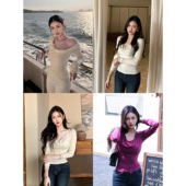 T恤女秋冬收腰纯欲打底衫 GEMQI 蕾丝派对大荡领蕾丝花边长袖 上衣