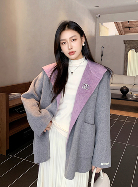 GEMQI 撞色短双面呢子外套女秋冬新款设计感两面穿收腰含羊毛大衣