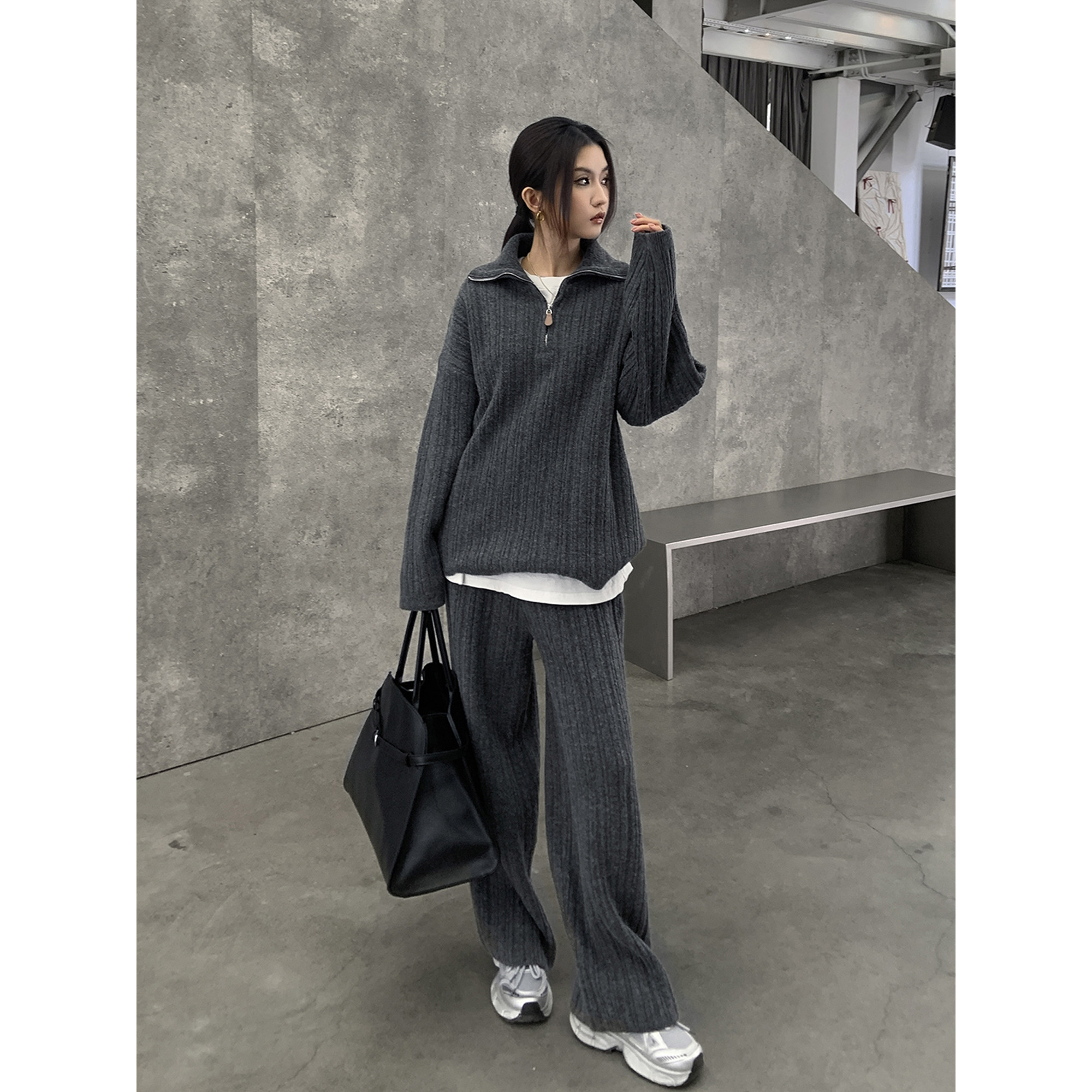 GEMQI 深灰色老钱风套装女秋冬保暖毛衣+针织阔腿裤松弛感两件套,女装/女士精品,时尚套装,淘宝优惠券,粉丝福利购,淘宝优惠卷