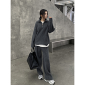 GEMQI 松弛感两件套 针织阔腿裤 深灰色老钱风套装 女秋冬保暖毛衣