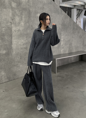 GEMQI 深灰色老钱风套装女秋冬保暖毛衣+针织阔腿裤松弛感两件套