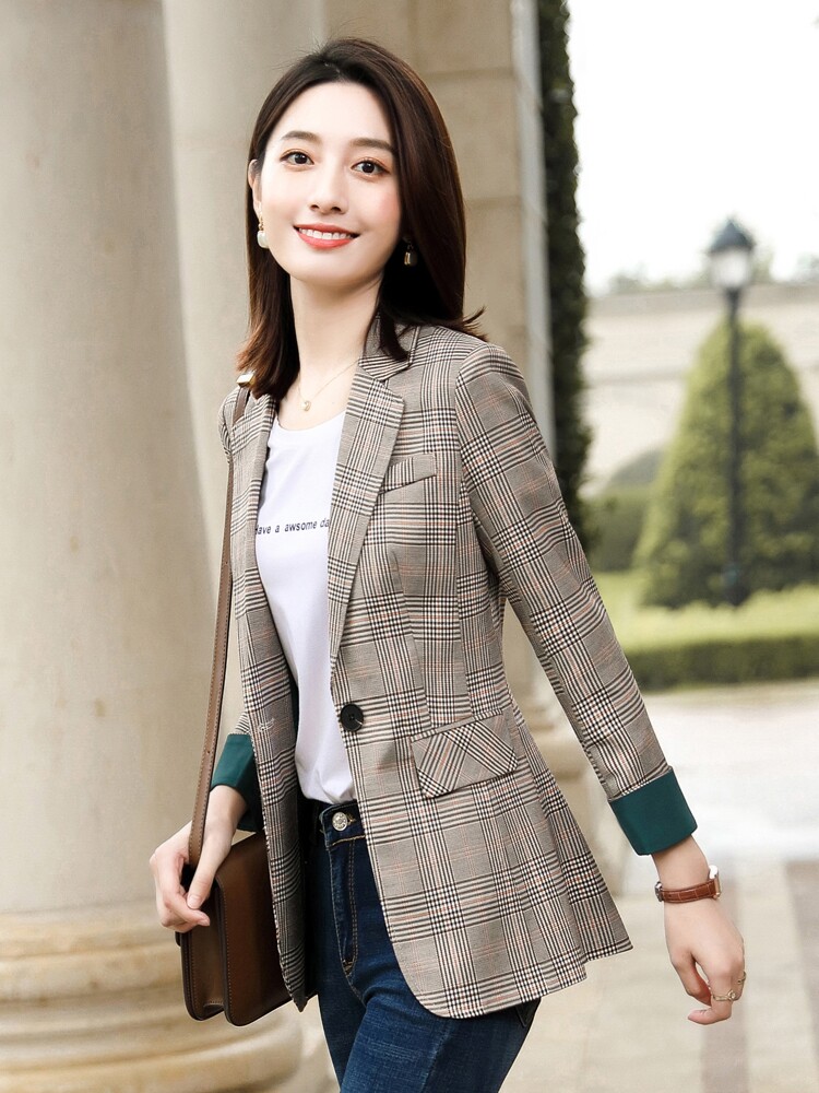 格子小西装外套女长袖英伦风休闲百搭小西服2021春秋新款修身显瘦