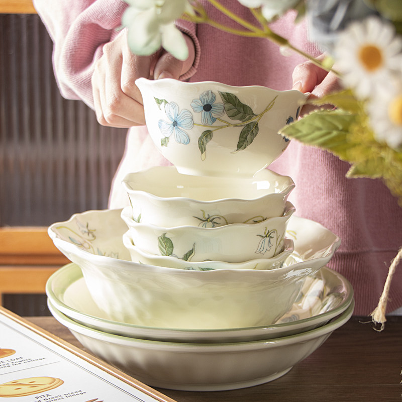 田园风釉中彩碗盘餐具特别漂亮的陶瓷米饭碗吃饭碗汤碗菜盘子,餐饮具,碗,淘宝优惠券,粉丝福利购,淘宝优惠卷