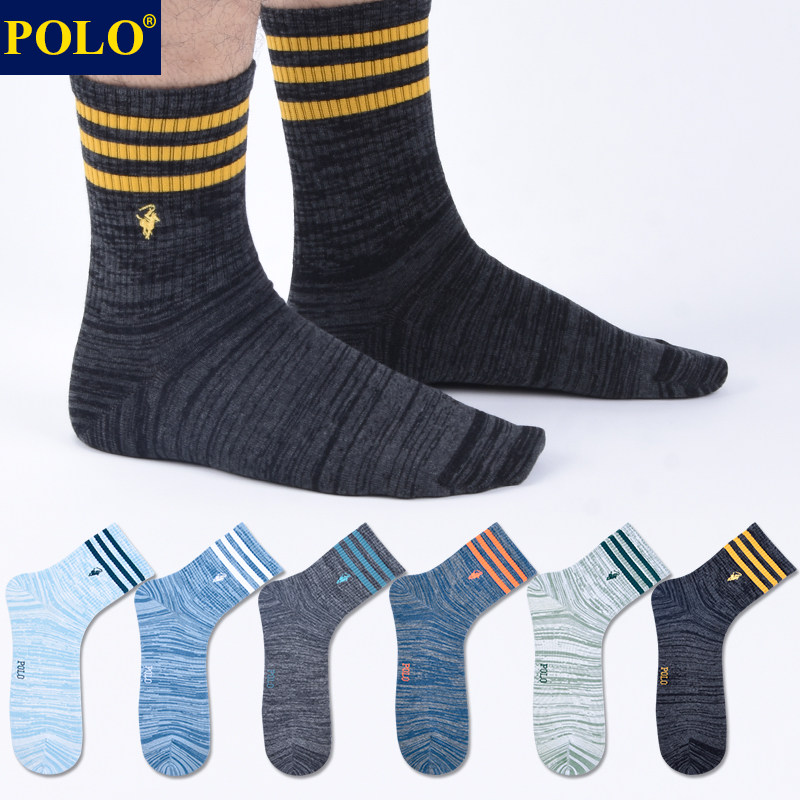 Polo袜子男士秋冬中筒袜厚款保暖条纹吸湿排汗运动休闲无骨棉袜