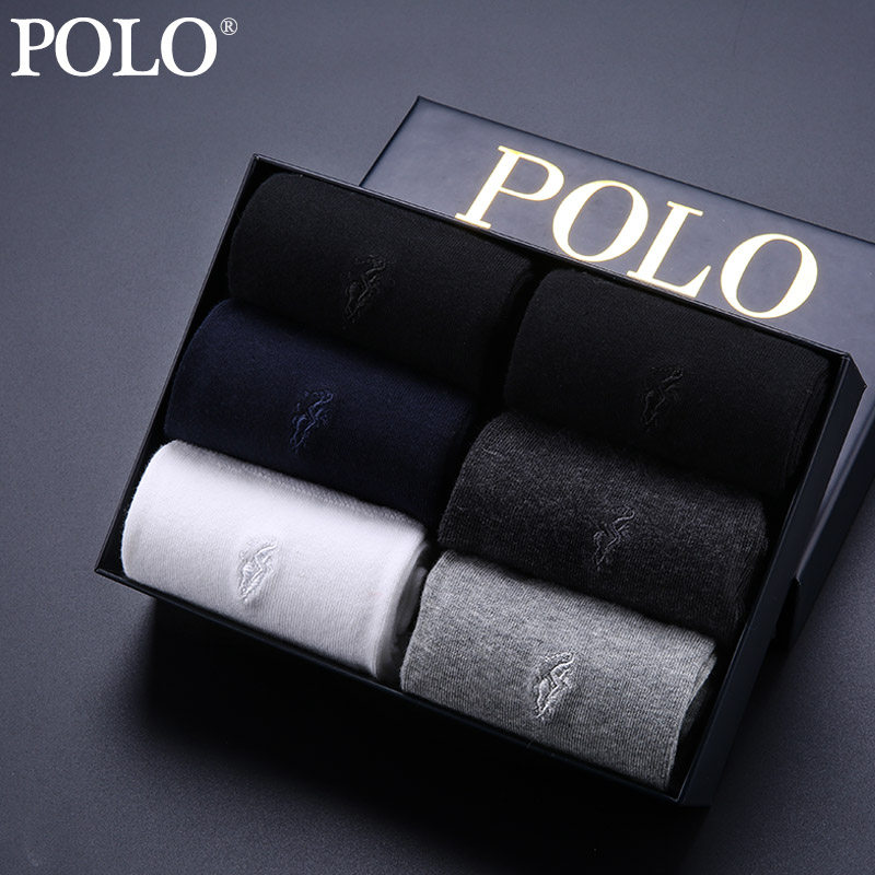 Polo袜子男秋冬季纯色棉袜透气正装长袜黑色商务中筒男袜加厚潮
