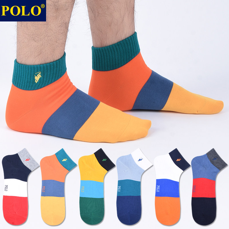 Polo袜子条纹拼色中筒袜冬款保暖运动跑步吸湿排汗无骨休闲短棉袜
