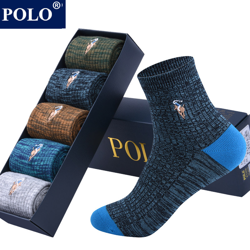 Polo男士棉袜中筒袜秋冬厚款休闲日系潮流ins风复古保暖长筒棉袜