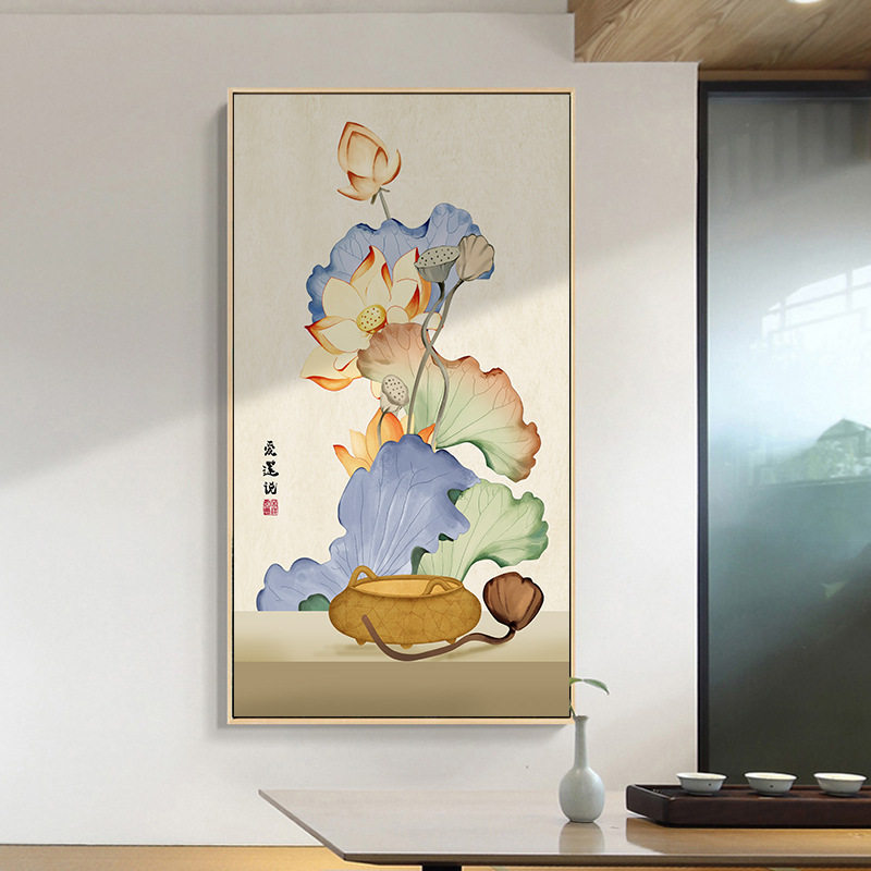 新中式荷花玄关装饰画走廊尽头墙面壁画酒店大厅大气竖版墙面挂画