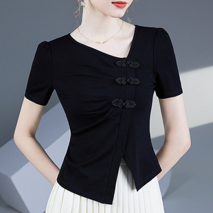 轻国风新中式穿搭斜v领t恤女短袖夏天别致收腰小衫不规则盘扣上衣