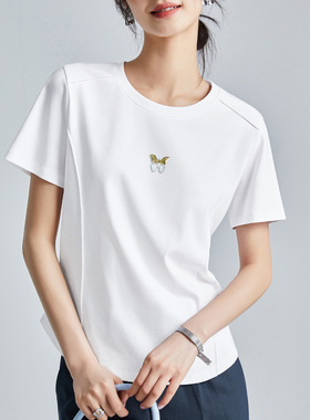 白色丝光棉短袖t恤女2026新款夏季洋气减龄修身显瘦正肩纯棉上衣